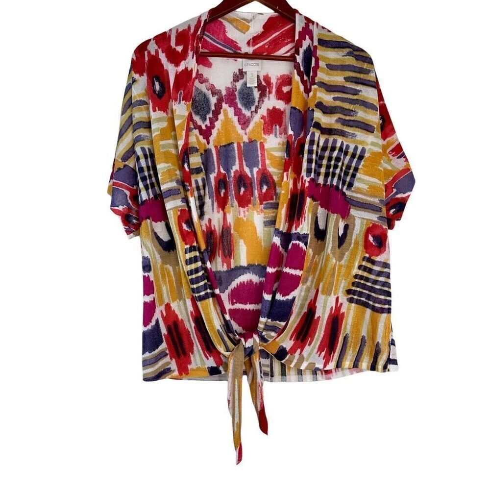 Chico's Thea Tie Boho Geometric Cardigan‎ Womens XL Multicolored Artsy Summer